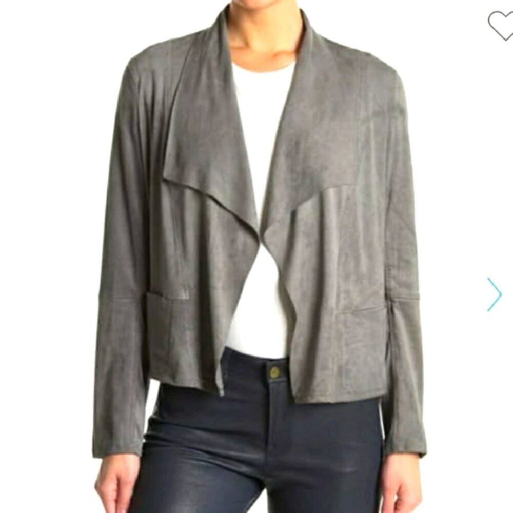 Max Studio Faux Suede Open Drape Front Jacket Size 2X Gray Long Sleeve Pockets